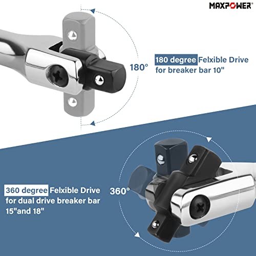 MAXPOWER 3Pcs Breaker Bar Set, Included 15 inch and 18 inch Breaker Bar with Dual Drive 1/2" and 3/8", 1/2" drive Short Bar 10" - Image 4