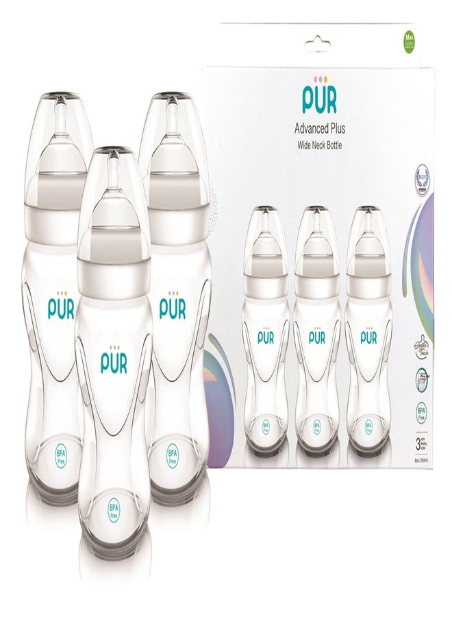 بور زجاجة رضاعة أطفال بلاستيكية متطورة ذات عنق عريض من بيور | خالية من مادة BPA | مثالية للأطفال من عمر 3 أشهر فما فوق | مصممة لتشبه الرضاعة الطبيعية | حلمة مصممة بشكل فريد مع صمام تهوية | عبوة من 3 زجاجات | 250 مل | 9816 - Image 1