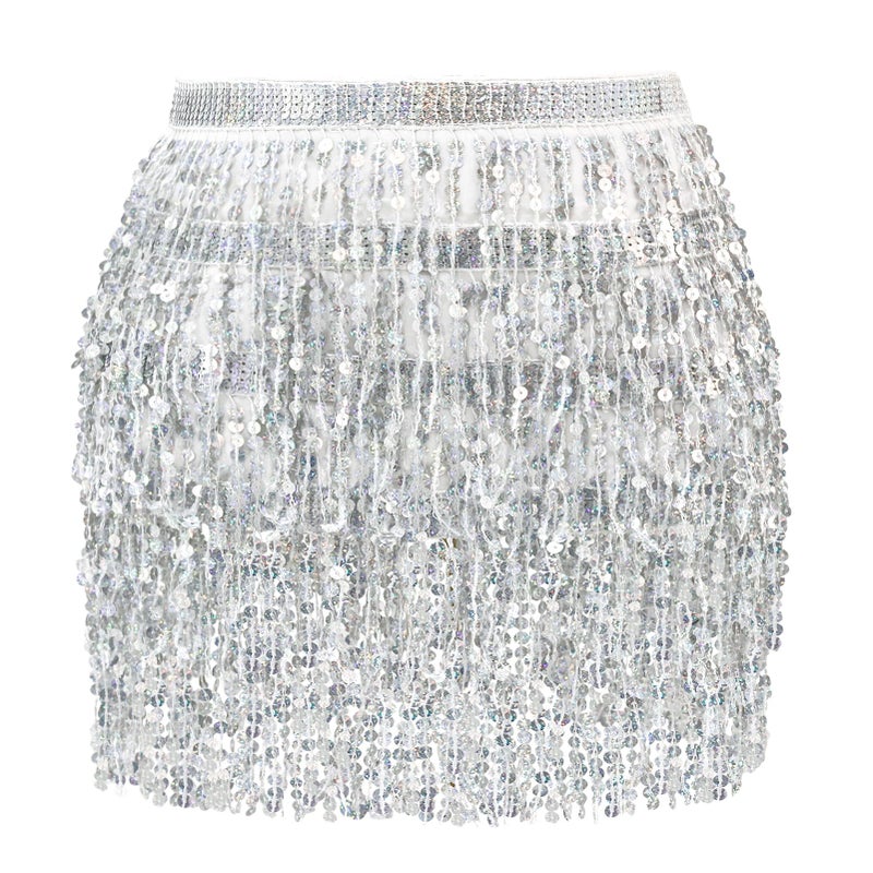FeelfunFeather Sequin Tassel Skirt Women's Belly Dance Hip Scarf Skirts for Rave Festival Party Costume Stage Performance-Silver - Image 1