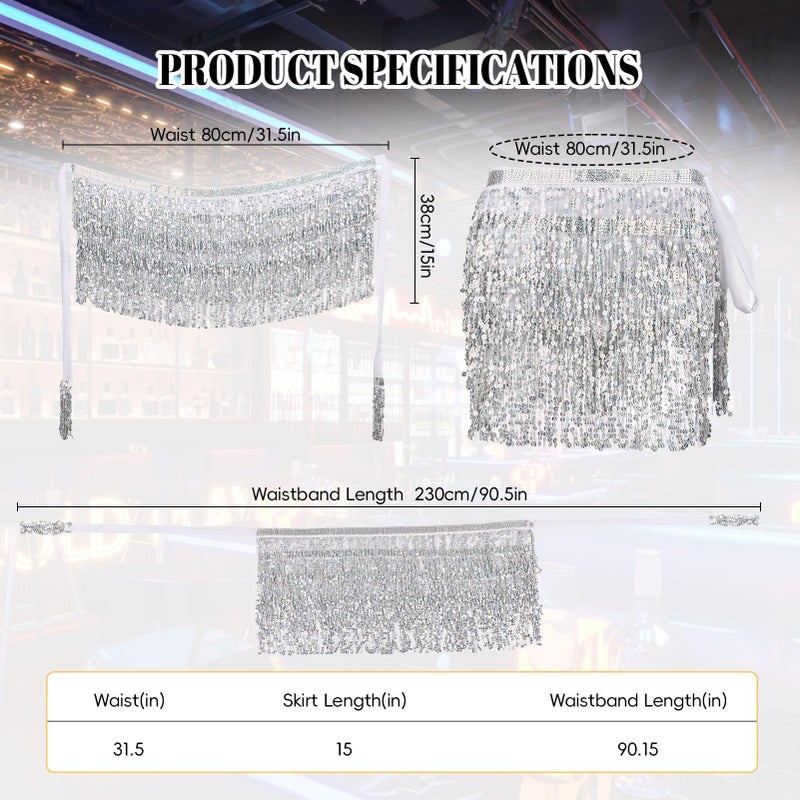 FeelfunFeather Sequin Tassel Skirt Women's Belly Dance Hip Scarf Skirts for Rave Festival Party Costume Stage Performance-Silver - Image 4