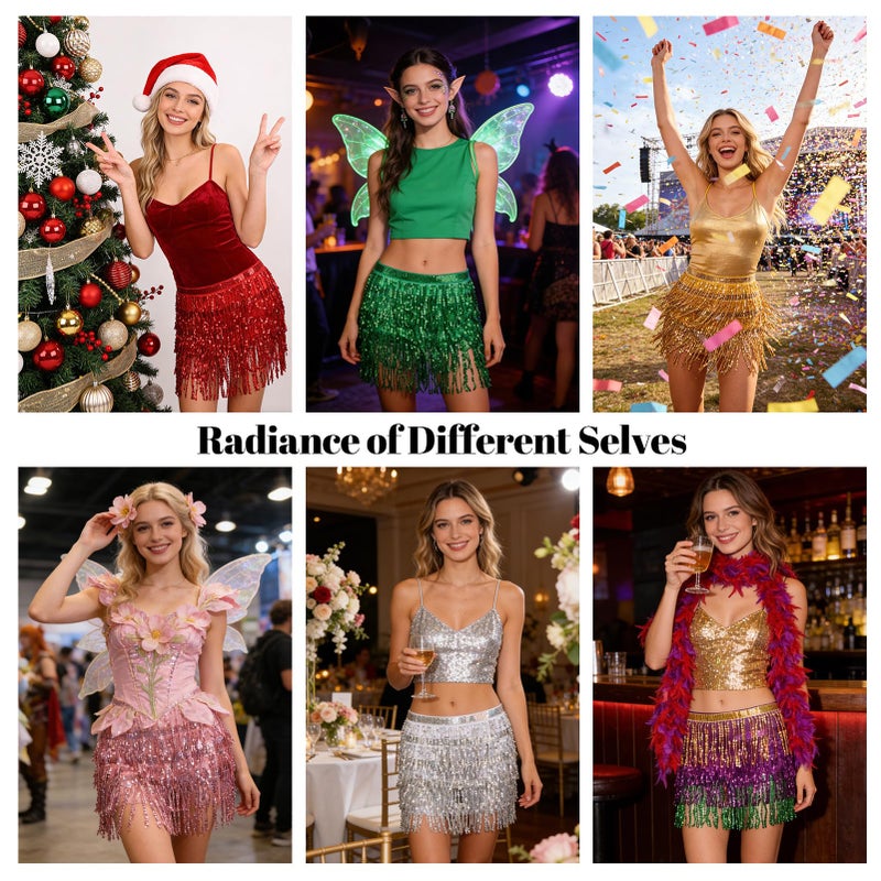 FeelfunFeather Sequin Tassel Skirt Women's Belly Dance Hip Scarf Skirts for Rave Festival Party Costume Stage Performance-Silver - Image 2