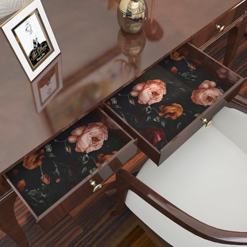 Laatse Dark Floral Wallpaper Peel and Stick, Black Vintage Orange/Pink Rose Contact Paper, Waterproof Self Adhesive Flower Boho Wall Paper for Bedroom Bathroom Walls Bookcase Shelf Table Drawer 17.5 x 118in - Image 3