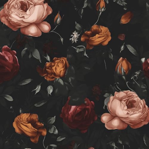 Laatse Dark Floral Wallpaper Peel and Stick, Black Vintage Orange/Pink Rose Contact Paper, Waterproof Self Adhesive Flower Boho Wall Paper for Bedroom Bathroom Walls Bookcase Shelf Table Drawer 17.5 x 118in - Image 1