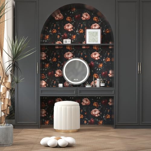 Laatse Dark Floral Wallpaper Peel and Stick, Black Vintage Orange/Pink Rose Contact Paper, Waterproof Self Adhesive Flower Boho Wall Paper for Bedroom Bathroom Walls Bookcase Shelf Table Drawer 17.5 x 118in - Image 5
