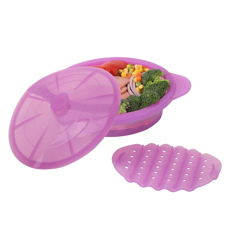 Microwave Steamer Cooker Collapsible BowlSilicone Steamer Cookware with Handle Lid for Vegetables Fish Prep Meal Food with Removable Rack BPA Free Easy to Store Freezer  Dishwasher Safe Purple