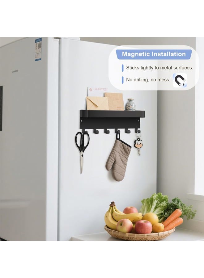 RELBRO Magnetic Key Holder Wall Mount, Metal Key Rack with Shelf, 6 Hooks, 2 Installation Options, Black - Image 2