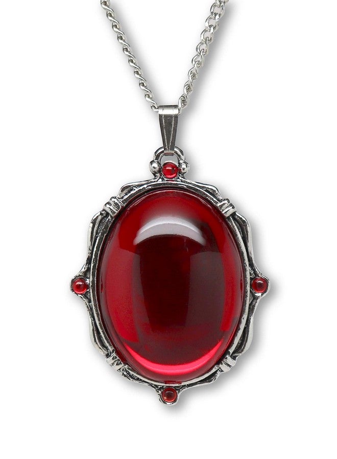 Real Metal Blood Red Oval Stone In Silver Finish Pewter Frame Pendant Necklace - Image 1