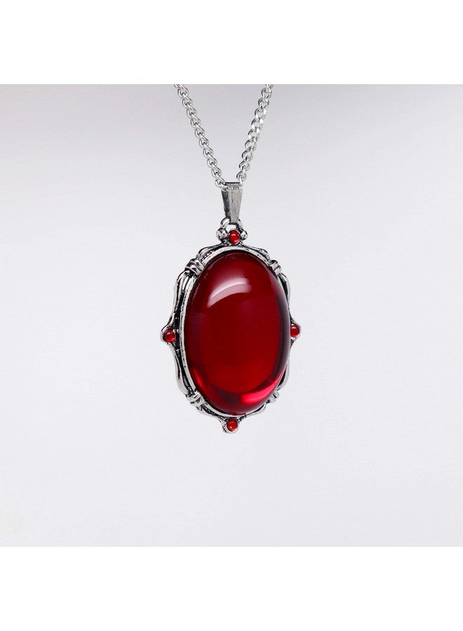 Real Metal Blood Red Oval Stone In Silver Finish Pewter Frame Pendant Necklace - Image 4