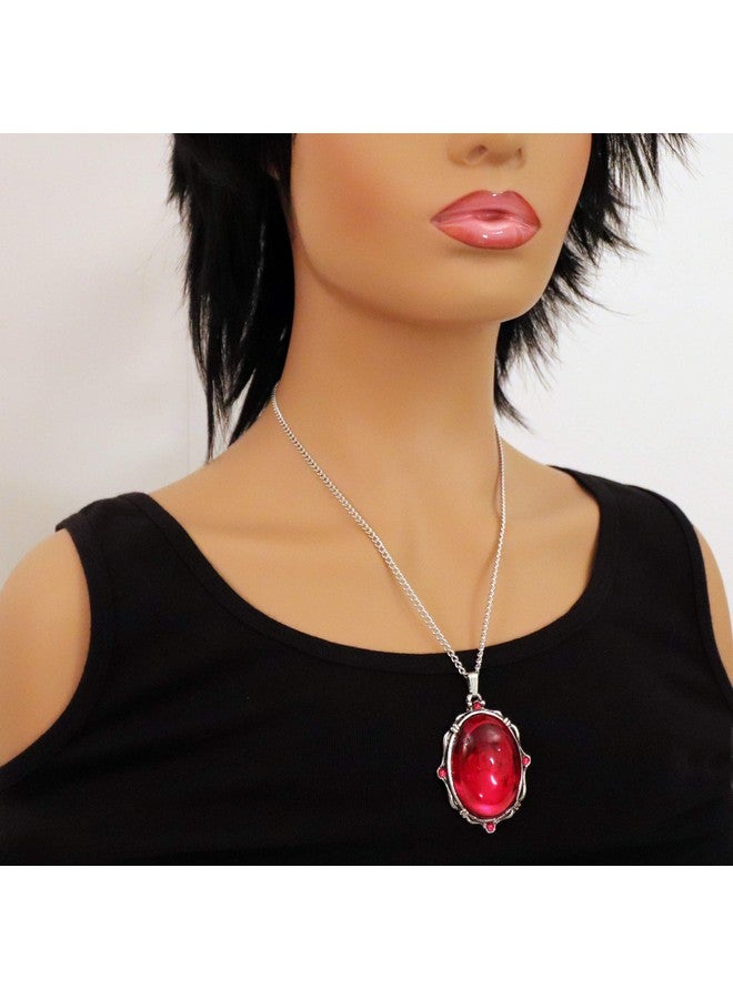 Real Metal Blood Red Oval Stone In Silver Finish Pewter Frame Pendant Necklace - Image 2