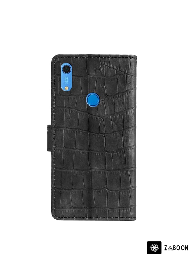 جرين تايجر حافظة لهاتف هواوي Y6 2019 / Y6s 2019 / Y6 Prime 2019 & Honor 8A إصدار بصمة الإصبع / 8A 2020 / 8A Prime ذات ملمس جلد التمساح بمشبك مغناطيسي من جلد البولي يوريثان (أسود) - Image 3