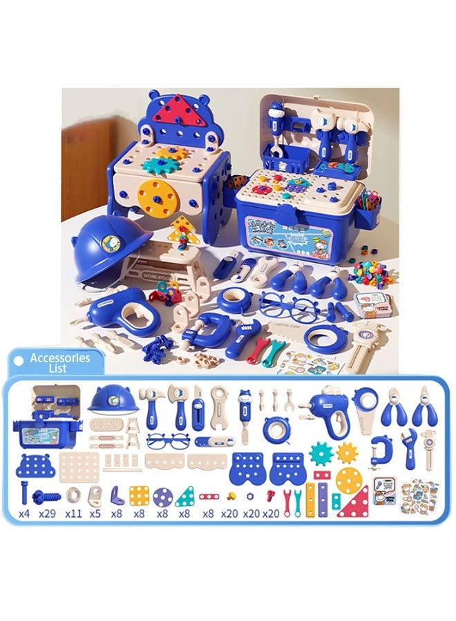 218 Pcs Kids Repair Tool Kits with Blue Electric Tool Box ，Simulated Electric Drill, Multifunctional Assembly Toy - Image 1