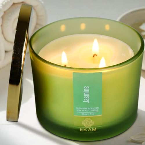 EKAM 3 Wick Soy Wax Scented Candle | Jasmine Fragrance | 35 Hr Burn | Long Lasting Premium Jar Candle for Home Decor, Relaxation & Gifting - Image 1