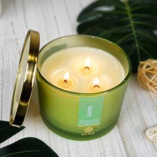 EKAM 3 Wick Soy Wax Scented Candle | Jasmine Fragrance | 35 Hr Burn | Long Lasting Premium Jar Candle for Home Decor, Relaxation & Gifting - Image 4