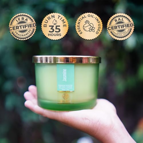 EKAM 3 Wick Soy Wax Scented Candle | Jasmine Fragrance | 35 Hr Burn | Long Lasting Premium Jar Candle for Home Decor, Relaxation & Gifting - Image 2
