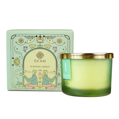 EKAM 3 Wick Soy Wax Scented Candle | Jasmine Fragrance | 35 Hr Burn | Long Lasting Premium Jar Candle for Home Decor, Relaxation & Gifting - Image 3
