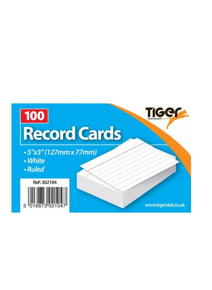 TIGER RECORD CARDS WHITE RULED 5X3" 100 SHEETS - Image 1