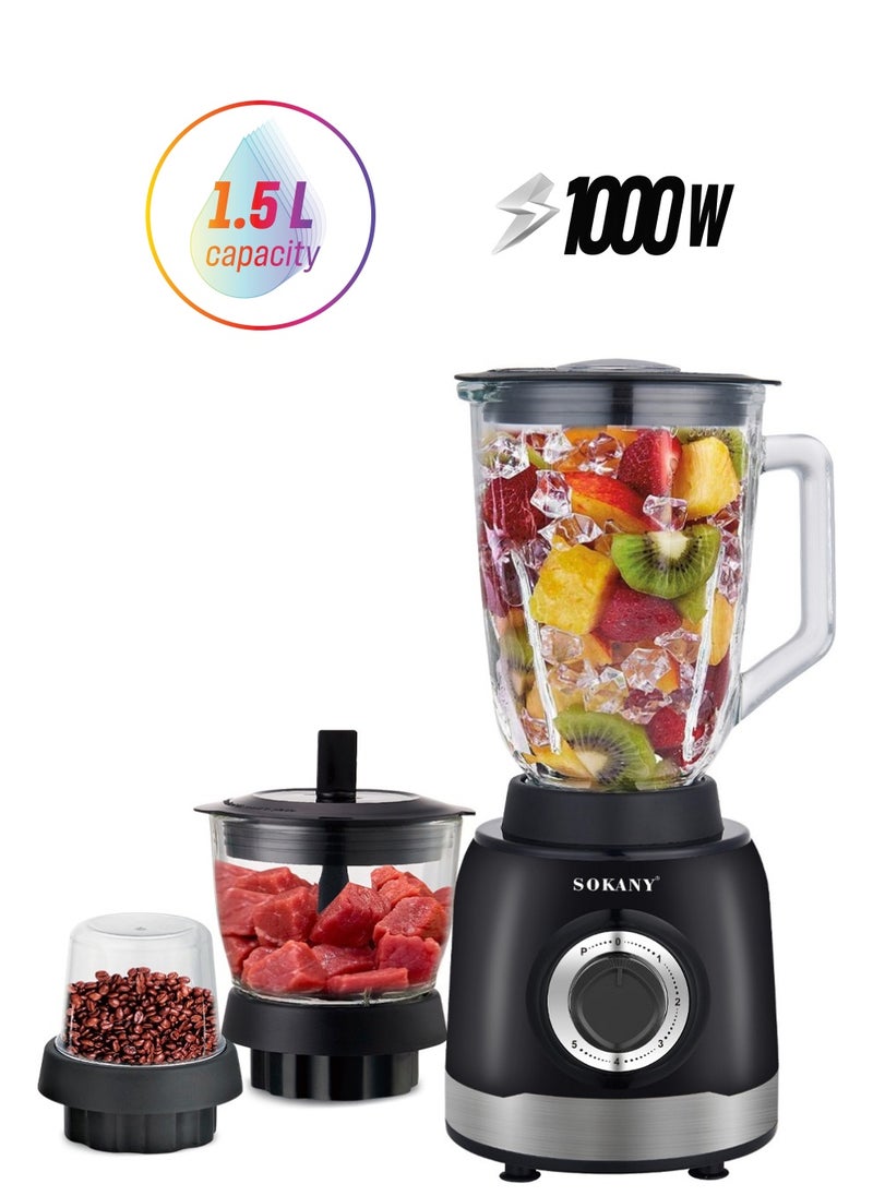 sokany - 3-In-1 Juicer Blender, 1.5 Litre, 1000W Multi-Function High Speed Blender Ice Crusher with Mixer Grinder and Chopper Black - Image 1