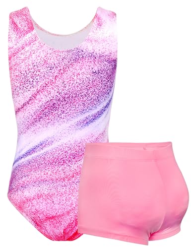 TENVDA Gymnastics Leotards for Girls 4t 5t Pink Stripes Sleeveless Tumbling Outfit Bodysuits Matching Shorts Set - Image 2