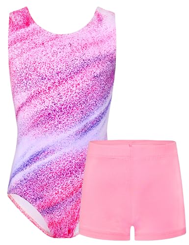 TENVDA Gymnastics Leotards for Girls 4t 5t Pink Stripes Sleeveless Tumbling Outfit Bodysuits Matching Shorts Set - Image 1