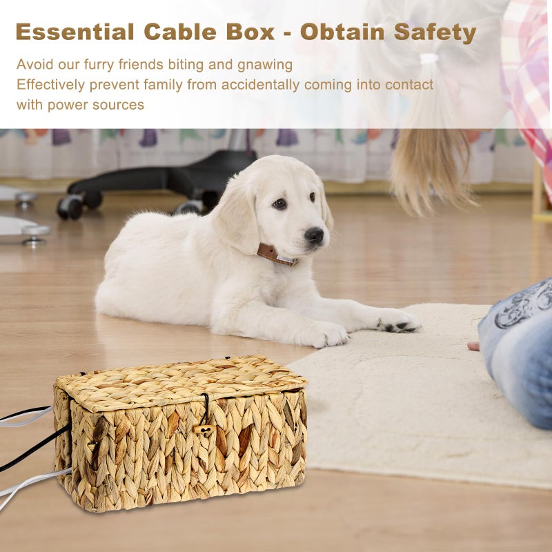 BTSKY Woven Cable Management Box with Lid, Water Hyacinth Cord Organizer for Desk, Cable Organizer Box with 2-Open Slots to Hide Power Strips USB Hubs for Home & Office, Pet Proofing Cord Basket, L - Image 5