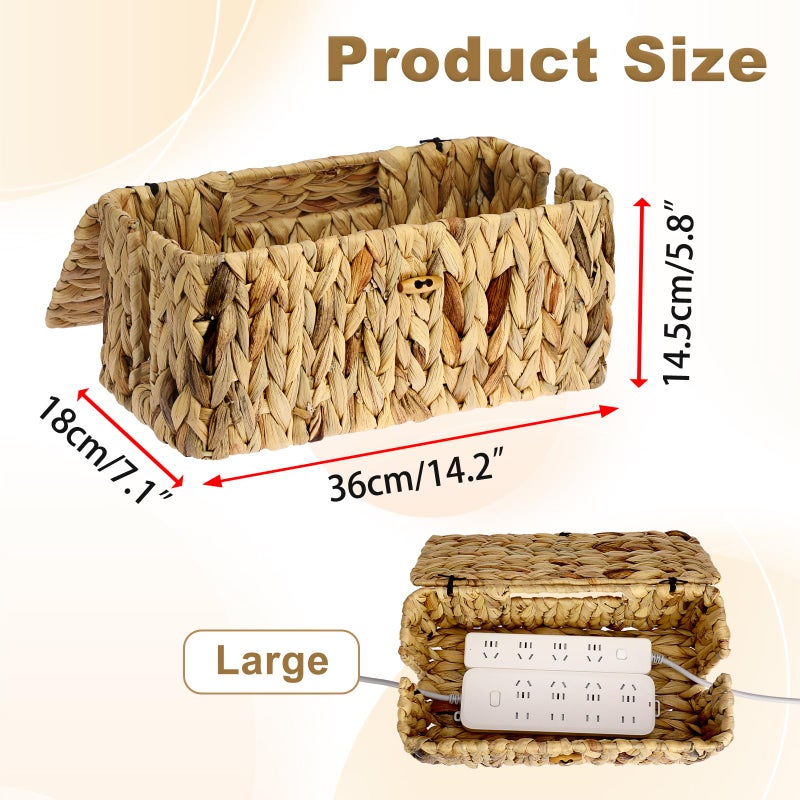 BTSKY Woven Cable Management Box with Lid, Water Hyacinth Cord Organizer for Desk, Cable Organizer Box with 2-Open Slots to Hide Power Strips USB Hubs for Home & Office, Pet Proofing Cord Basket, L - Image 2