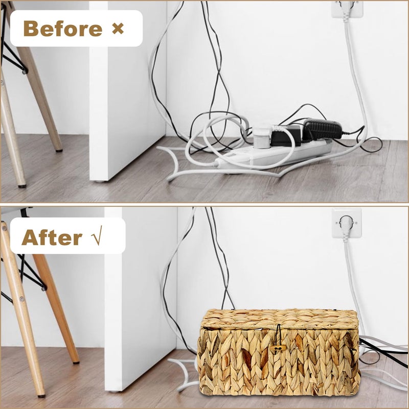 BTSKY Woven Cable Management Box with Lid, Water Hyacinth Cord Organizer for Desk, Cable Organizer Box with 2-Open Slots to Hide Power Strips USB Hubs for Home & Office, Pet Proofing Cord Basket, L - Image 4
