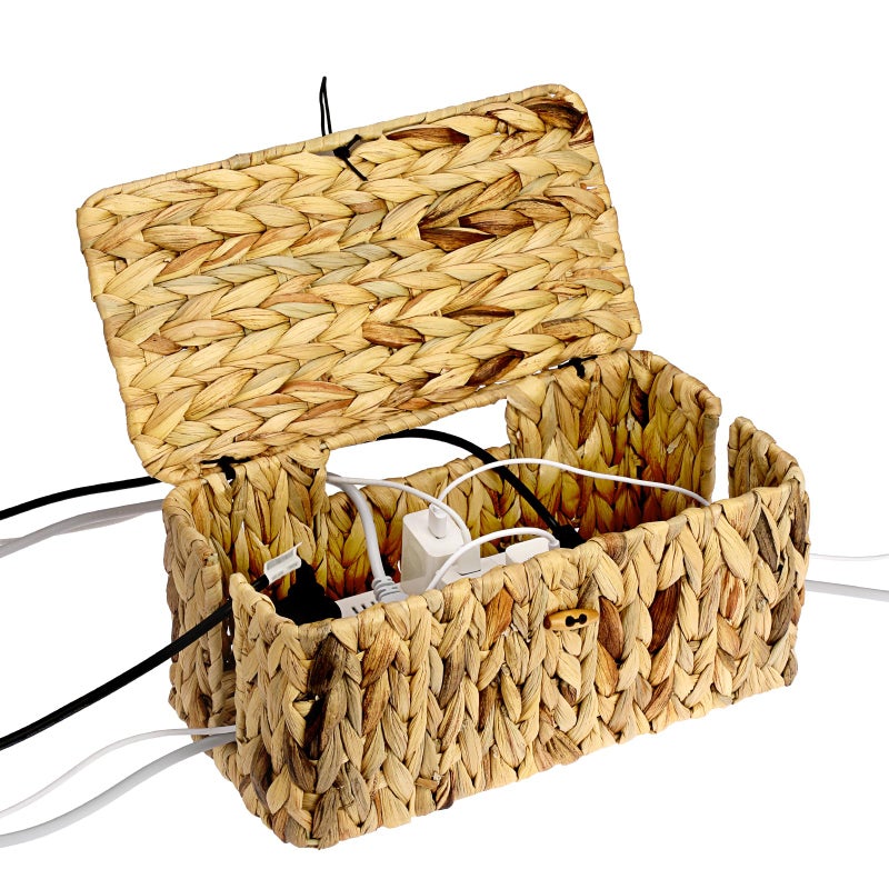 BTSKY Woven Cable Management Box with Lid, Water Hyacinth Cord Organizer for Desk, Cable Organizer Box with 2-Open Slots to Hide Power Strips USB Hubs for Home & Office, Pet Proofing Cord Basket, L - Image 1