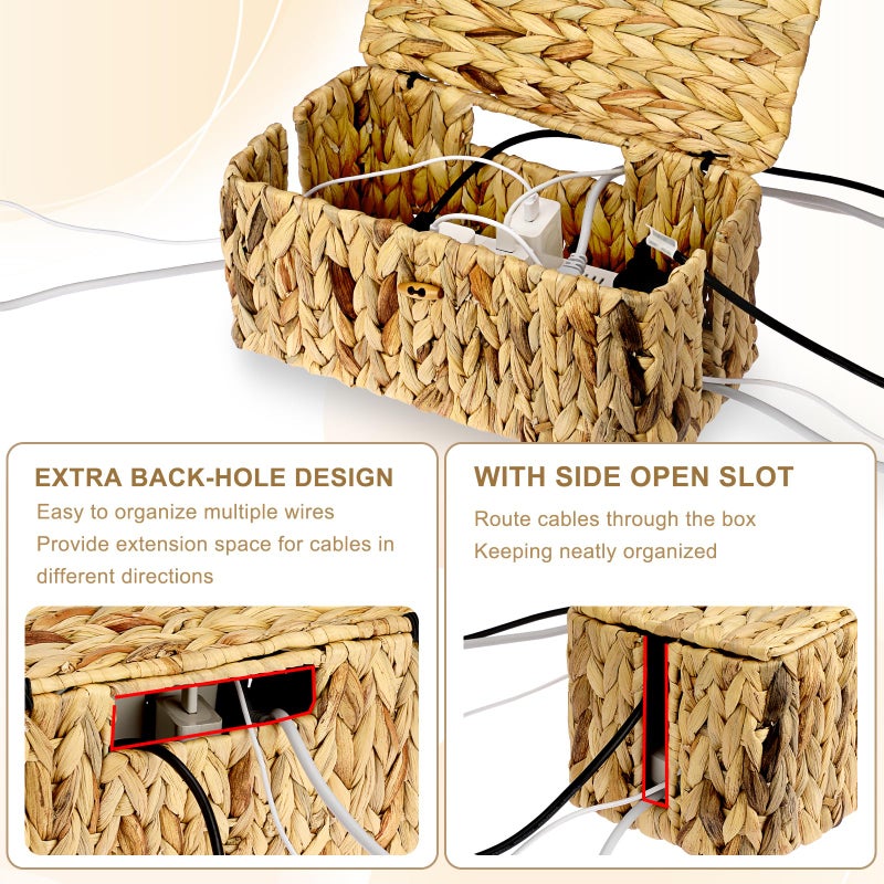 BTSKY Woven Cable Management Box with Lid, Water Hyacinth Cord Organizer for Desk, Cable Organizer Box with 2-Open Slots to Hide Power Strips USB Hubs for Home & Office, Pet Proofing Cord Basket, L - Image 3