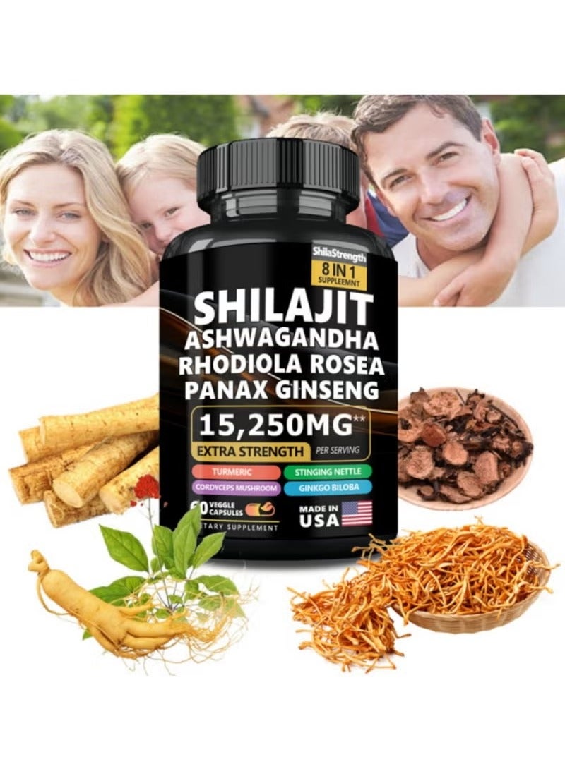 Shilajit RX 9000MG Pure Himalayan Shilajit, 2000MG Ashwagandha Energy Booster, 1000MG Rhodiola Rosea, 1500MG Panax Ginseng, 500MG Turmeric, 500MG Ginkgo, 250MG Stinging Nettle（Packaging may vary）  - Image 1