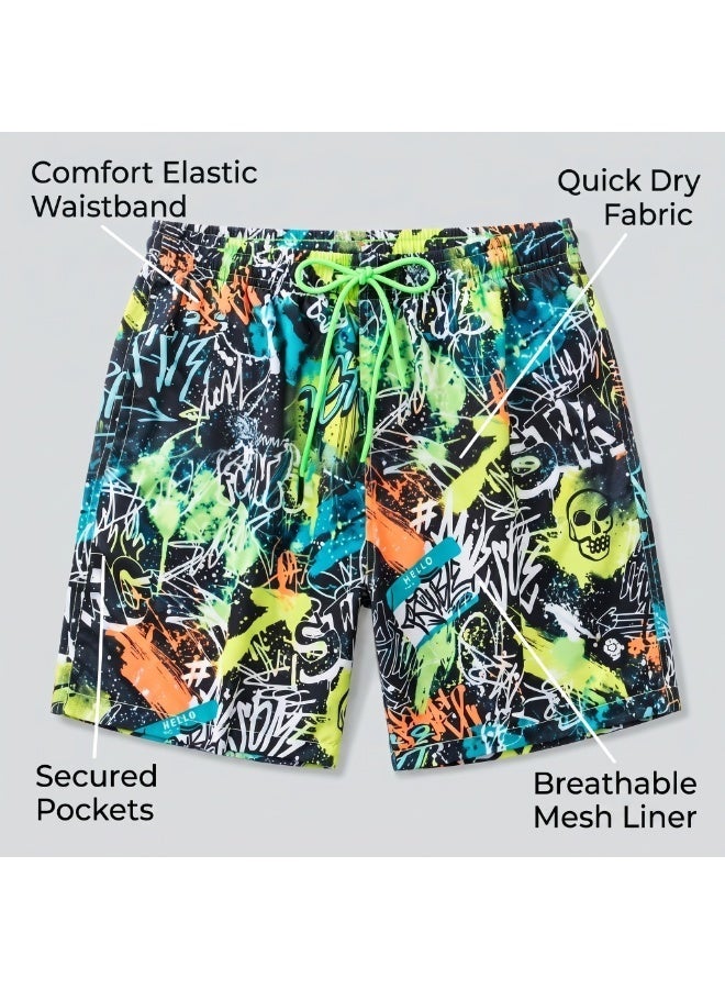 IceZone Men's Swim Trunks, Graffiti Street Art Print, Quick Dry Beach Shorts with Drawstring & Mesh Lining - Image 2