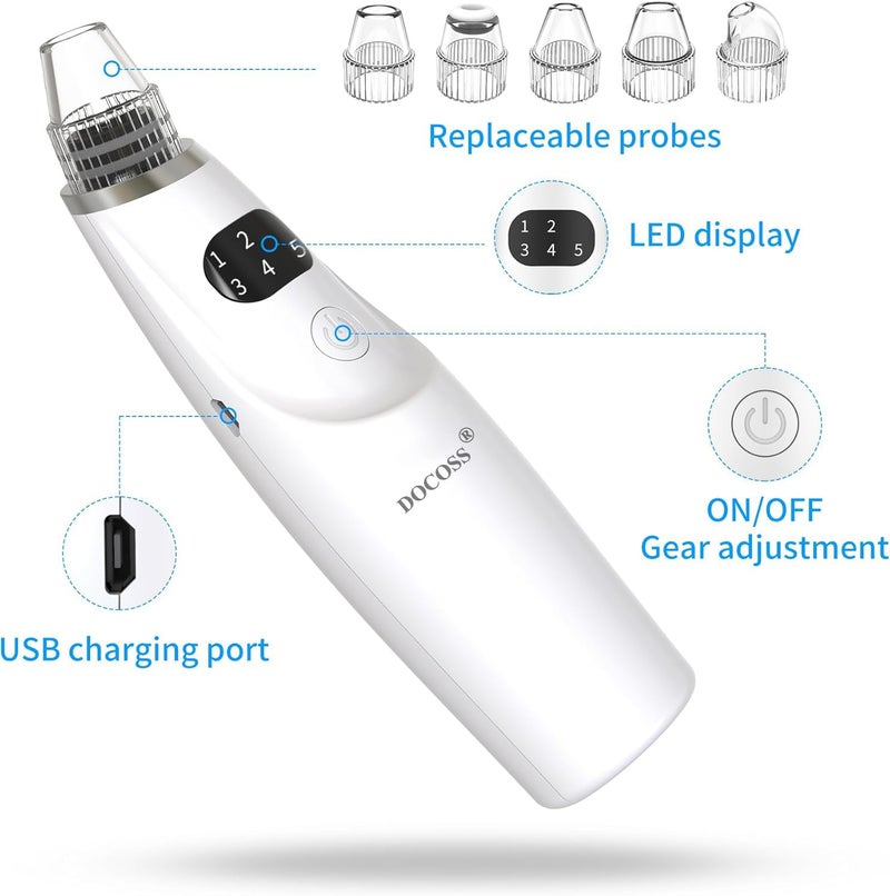 DOCOSS Ultrasonic Black head Remover Tool -Rechargeable White heads & Blackhead Removal Machine for Nose with 5 Suction Levels and Probes, Pore Cleansing Machine for Skin Lifting & Brighter Face - Image 4