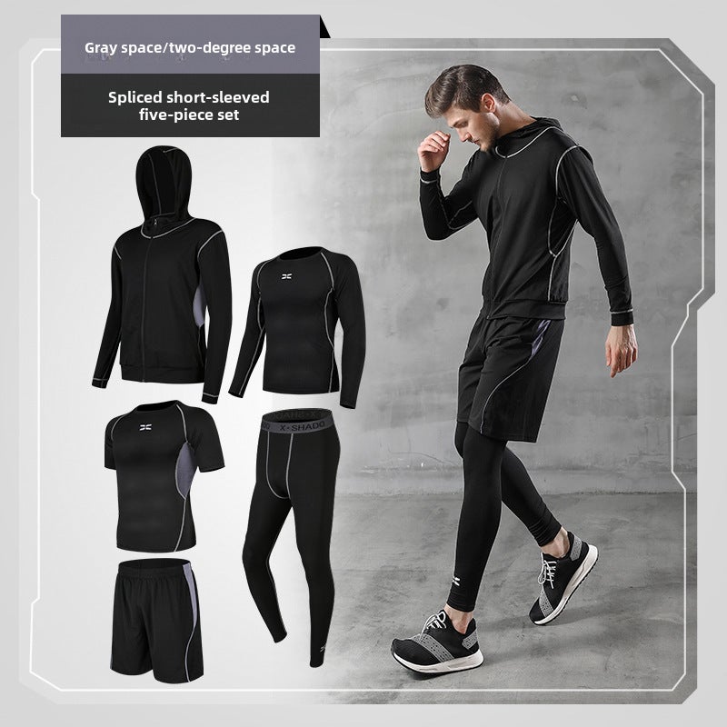 Generic Mens Fitness Tight Suit Basketball Gym Training Summer Set Grey-stitching short-sleeved five-piece set