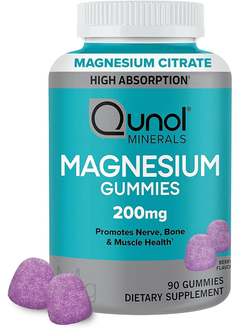 Qunol Magnesium Gummies for Adults, 200mg Magnesium Citrate High Absorption Supplement, Supports Nerve/Bone Health, Muscle Health, Vegetarian, 90 Count (pack of 1)