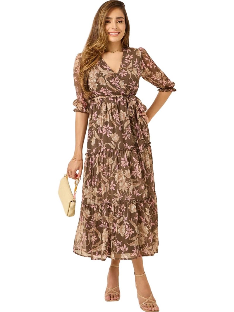 Styli Women's Brown Wrap Maxi Dress with Frill Detail (Brown,XXL) - Image 1