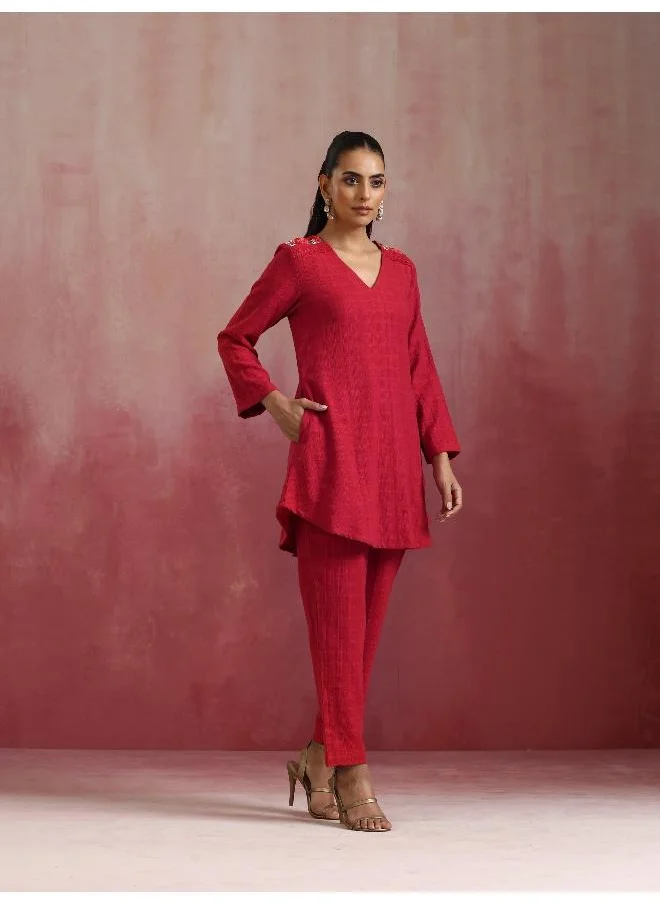 ترو برونز trueBrowns Red Cotton Dobby Kurta Co-ord set