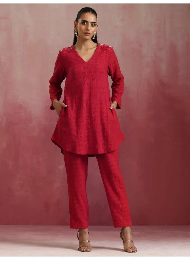 ترو برونز trueBrowns Red Cotton Dobby Kurta Co-ord set