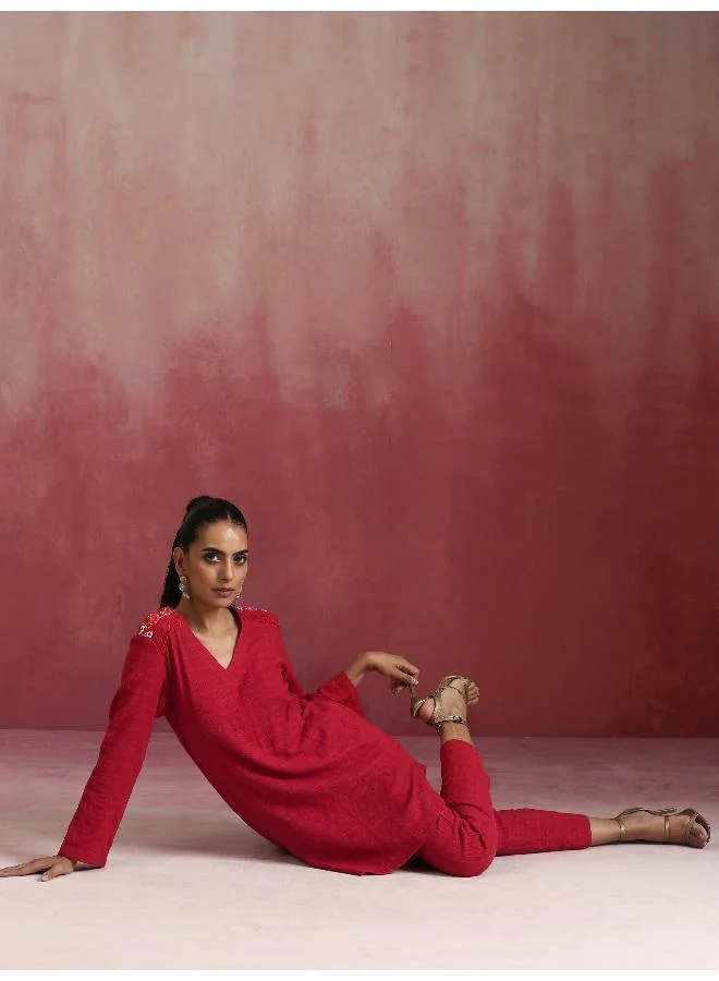 trueBrowns Red Cotton Dobby Kurta Co-ord set