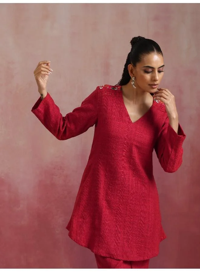 trueBrowns Red Cotton Dobby Kurta Co-ord set