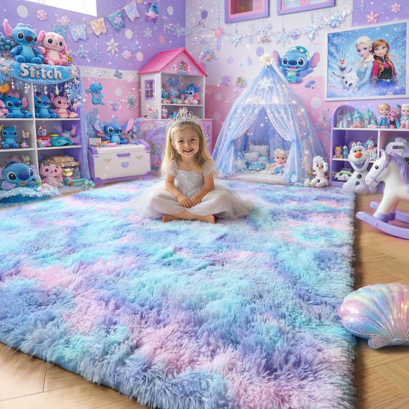 Amdrebio Purple Rainbow Rugs for Bedroom Girls Room Decor, Soft Fluffy Cute Area Rug 4x6 for Kids Room Playroom Nursery Dorm, Mermaid Stitch Frozen Fuzzy Carpet, Plush Kawaii Furry Baby Toddler Rug - Image 1