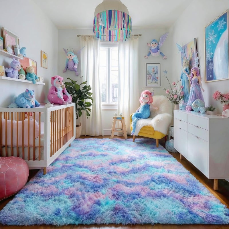 Amdrebio Purple Rainbow Rugs for Bedroom Girls Room Decor, Soft Fluffy Cute Area Rug 4x6 for Kids Room Playroom Nursery Dorm, Mermaid Stitch Frozen Fuzzy Carpet, Plush Kawaii Furry Baby Toddler Rug - Image 5