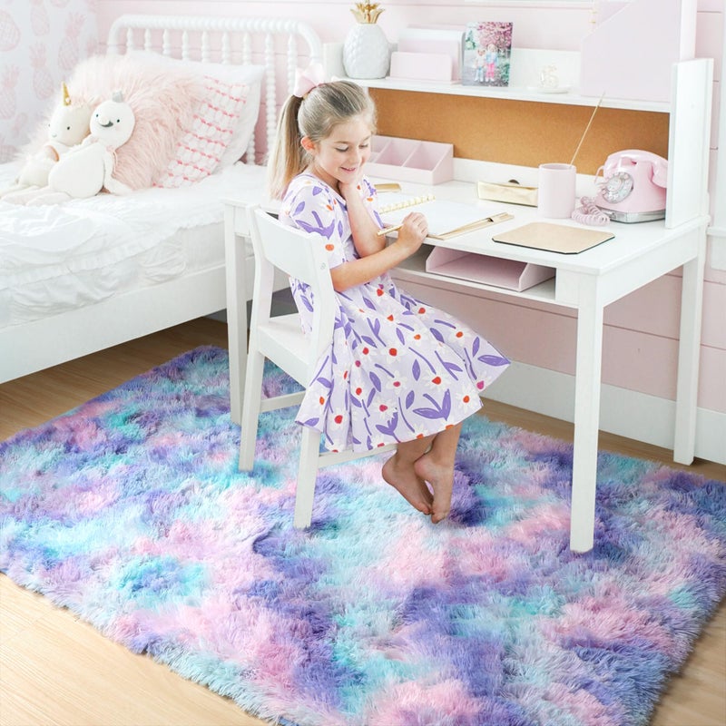 Amdrebio Purple Rainbow Rugs for Bedroom Girls Room Decor, Soft Fluffy Cute Area Rug 4x6 for Kids Room Playroom Nursery Dorm, Mermaid Stitch Frozen Fuzzy Carpet, Plush Kawaii Furry Baby Toddler Rug - Image 3
