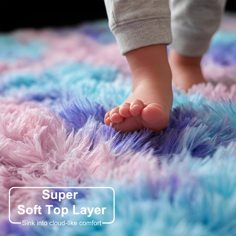 Amdrebio Purple Rainbow Rugs for Bedroom Girls Room Decor, Soft Fluffy Cute Area Rug 4x6 for Kids Room Playroom Nursery Dorm, Mermaid Stitch Frozen Fuzzy Carpet, Plush Kawaii Furry Baby Toddler Rug - Image 4