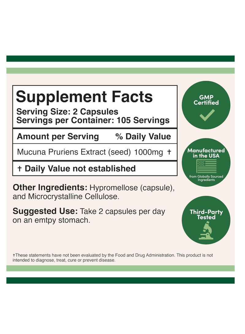Double Wood Supplements Mucuna Pruriens Extract Supplement Dopamine Boosting 1000 mg 210 capsules - Image 2
