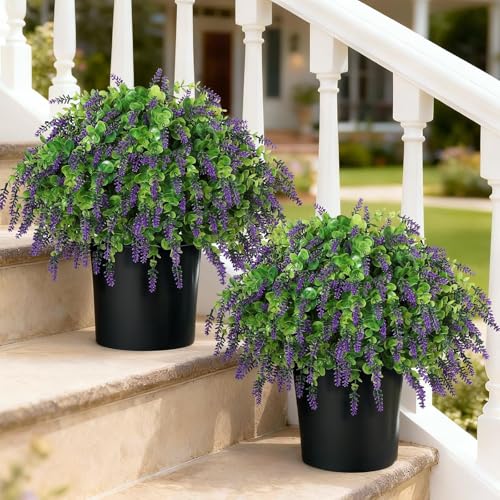 VIERENA Artificial Eucalyptus & Lavender Topiary Ball Tree for Front Door - Set of 2 Topiary Trees with Pots, UV Resistant Faux Bushes Potted Plants for Porch Garden Farmhouse Outdoor Decoration - Image 1