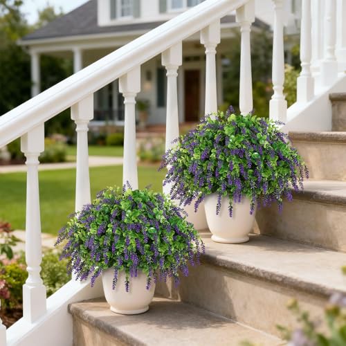VIERENA Artificial Eucalyptus & Lavender Topiary Ball Tree for Front Door - Set of 2 Topiary Trees with Pots, UV Resistant Faux Bushes Potted Plants for Porch Garden Farmhouse Outdoor Decoration - Image 2