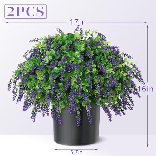 VIERENA Artificial Eucalyptus & Lavender Topiary Ball Tree for Front Door - Set of 2 Topiary Trees with Pots, UV Resistant Faux Bushes Potted Plants for Porch Garden Farmhouse Outdoor Decoration - Image 5