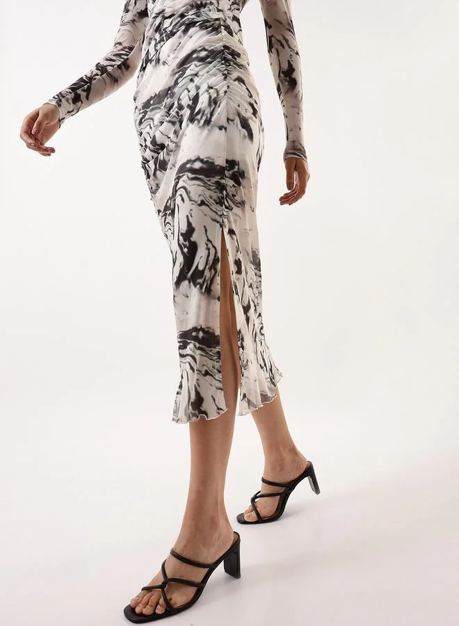 Hubberholme Women's White 100% Polyester Self Design Pattern Midi Bodycon Slim Fit Skirt