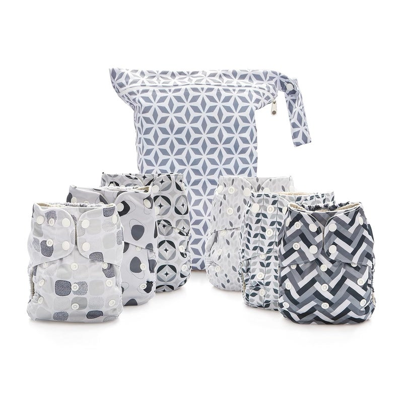 Simple Being Reusable Cloth Diapers, Double Gusset, One Size Adjustable, Washable Soft Absorbent, Waterproof Cover, Eco-Friendly Unisex Baby Girl Boy, six 4-Layers Microfiber Inserts (Greys) - Image 1