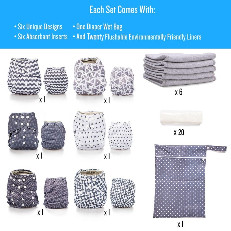Simple Being Reusable Cloth Diapers, Double Gusset, One Size Adjustable, Washable Soft Absorbent, Waterproof Cover, Eco-Friendly Unisex Baby Girl Boy, six 4-Layers Microfiber Inserts (Greys) - Image 5