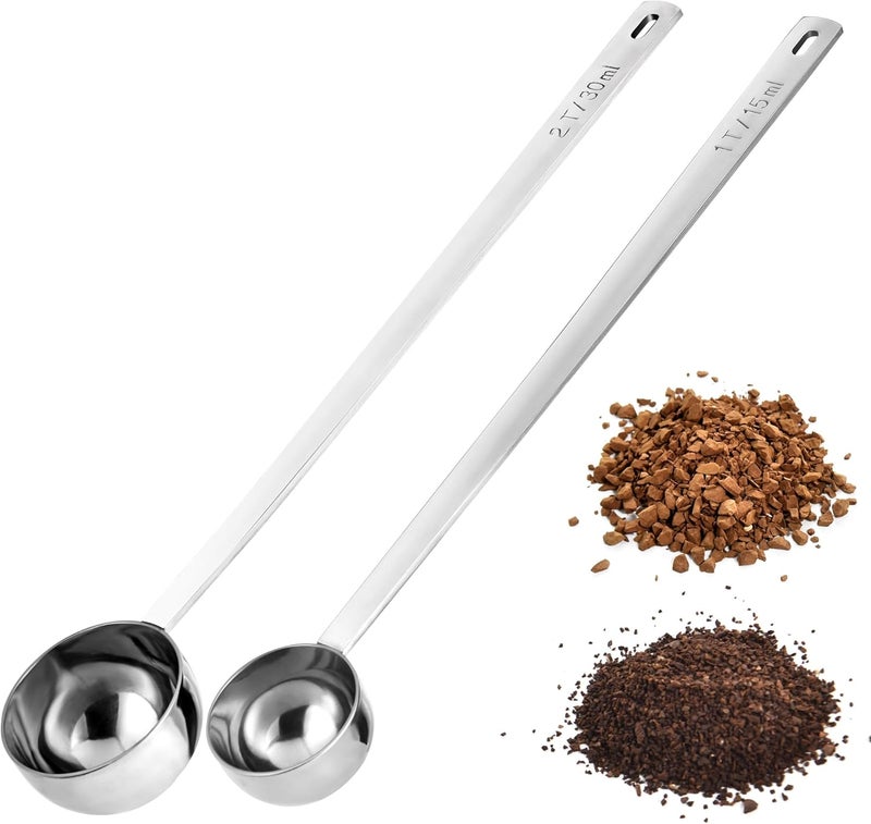 Doosu Metal Coffee Measuring Scoop, Food-Grade 18/8 Stainless Steel Coffee Beans Spoon with 21.6cm Long Handle, Tablespoon Scooper for Ground Coffee, Espresso, Protein Powders, Tea, Sugar (1 & 2 Tbsp) - Image 1